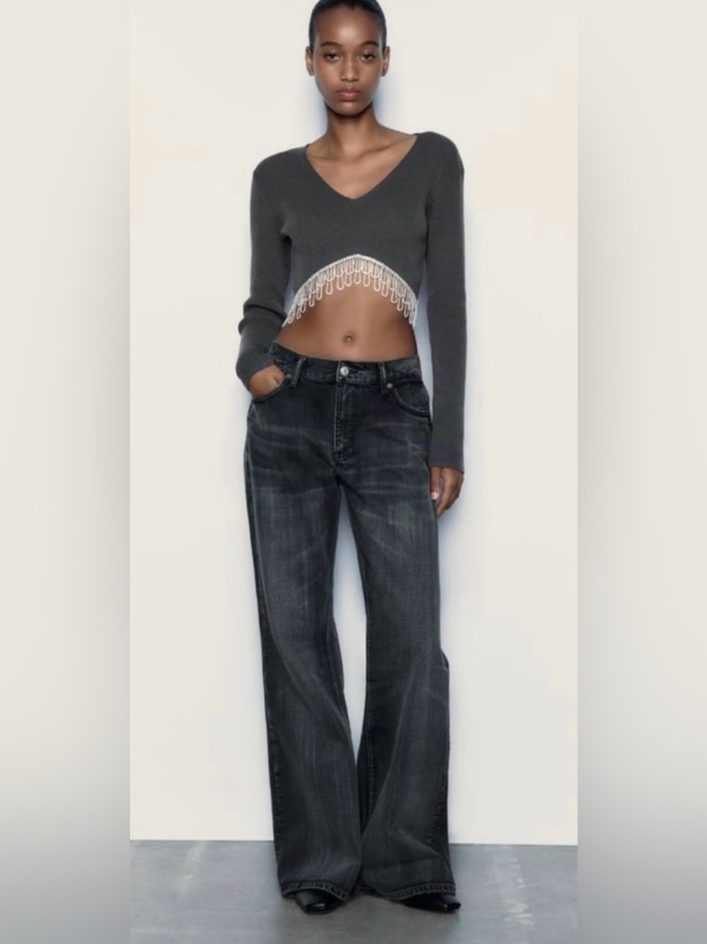 Zara Rhinestone Soft Crop Top in grey